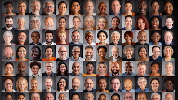 A vibrant collage of joyful individuals from diverse ethnic backgrounds spanning various ages captured in headshots
