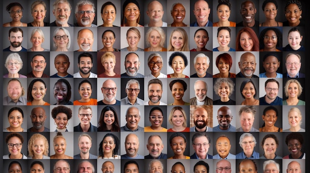 Photo a vibrant collage of joyful individuals from diverse ethnic backgrounds spanning various ages captured in headshots