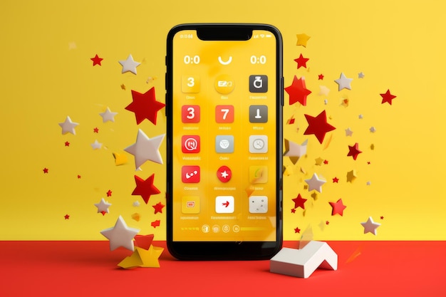 Vibrant Collage of Phone Screen Standing Over Yellow Background with Eyecatching Rating Icons