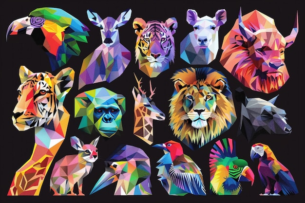 A vibrant collection of animals displayed in a geometric polygonal style with rainbow coloring