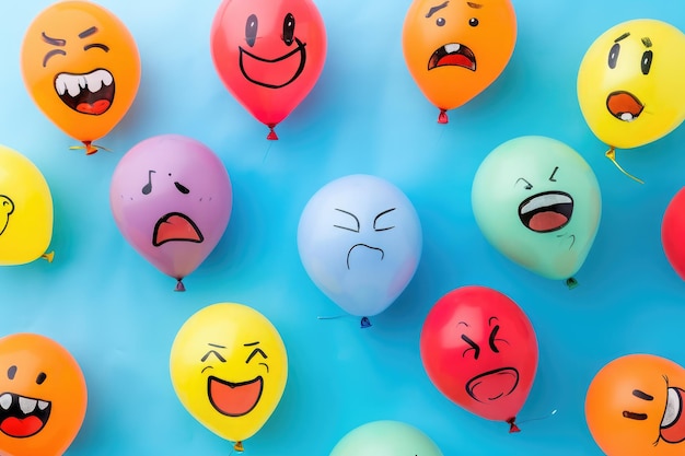 A vibrant collection of balloons featuring unique handdrawn faces with expressions soaring high up in the sky Assortment of balloons with different expressions and emoji faces AI Generated