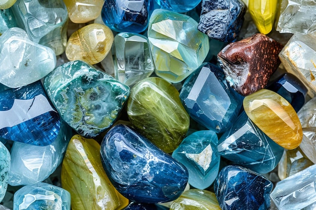 Photo vibrant collection of blue and green gemstones closeup