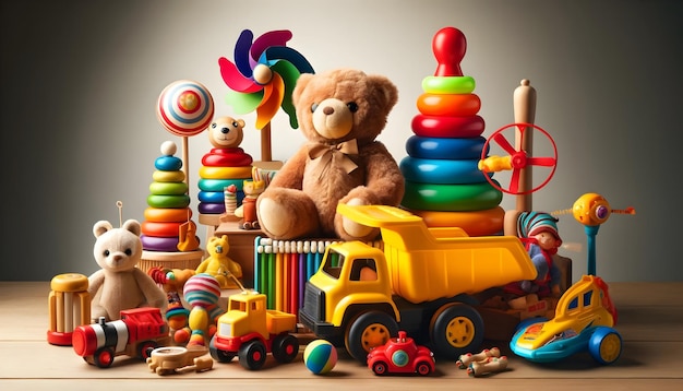 Photo a vibrant collection of childrens toys including a teddy bear colorful rings toy trucks a pinwhe