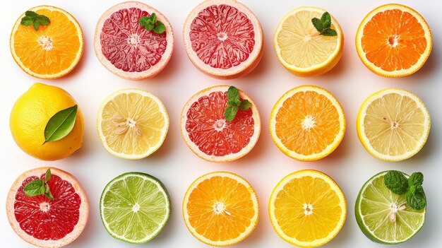 색 인공지능 (AI) 에 고립 된 끔한 신선한 디스플레이에 제시 된 오렌지 그레이프프루트 레몬 라임과 그에 해당하는 과일의 활기찬 컬렉션