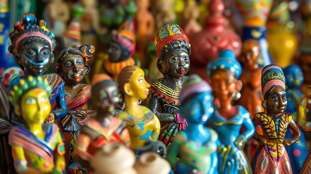A vibrant collection of handmade clay figurines each with unique features and intricate details