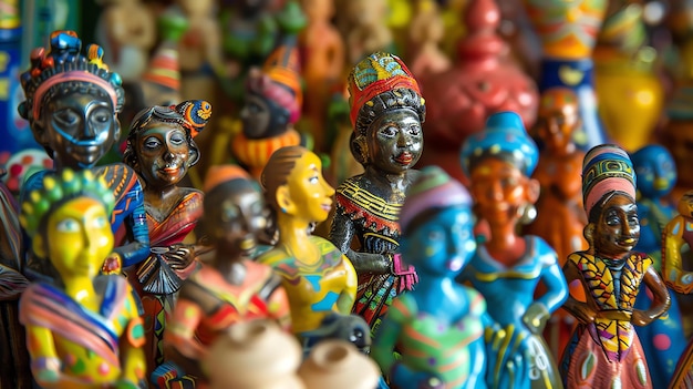 A vibrant collection of handmade clay figurines each with unique features and intricate details