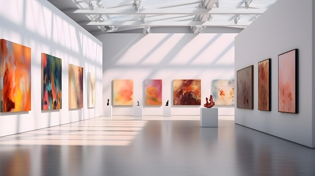 사진 vibrant collection of paintings adorning the walls of a spacious room 스톡 이미지 fo