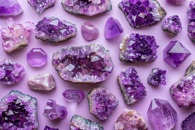Живая коллекция фиолетовых кристаллов на лавандовом фоне