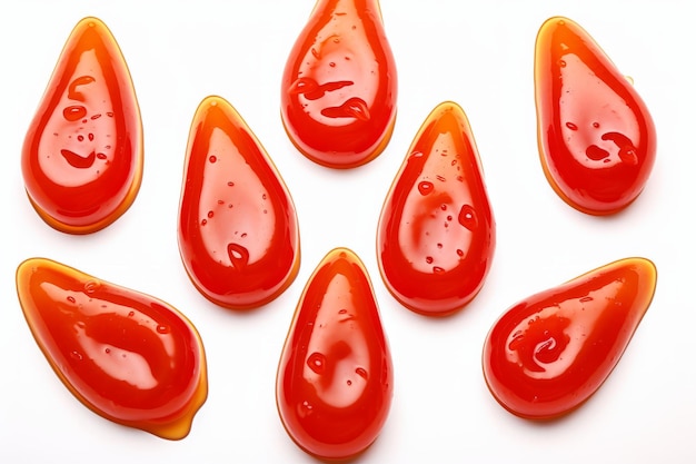 Vibrant collection of vivid red ketchup drops and splashes isolated on a clean white background