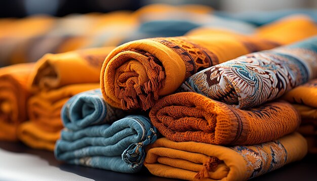 Photo a vibrant collection of woven textiles in a retail store generated by ai