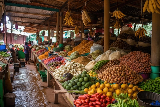 Оживленный колумбийский рынок со свежими продуктами и специями.