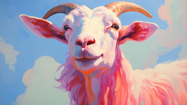 大きなピンクのヤギの大胆で感情的な肖像画