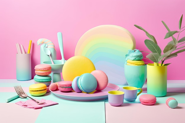 Vibrant color palette with pastel gradients and pops of bright colors