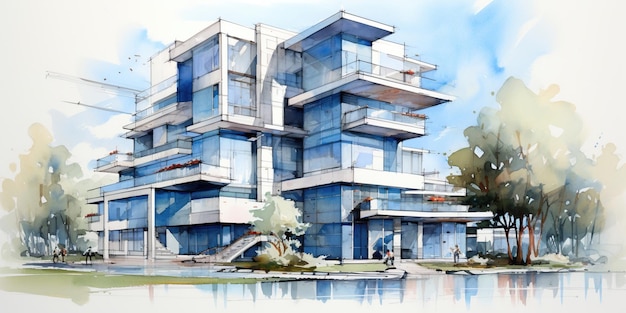 Vibrant color sketch showcases modern residential building plan Clean lines contemporary architecture functional layout and comfort AI Generative AI