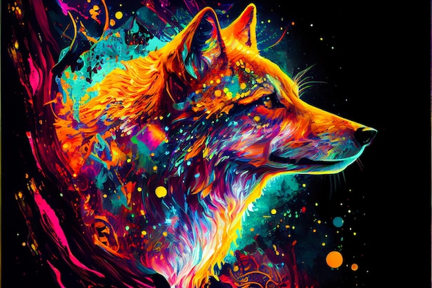 Photo vibrant color wolf illustration generative ai