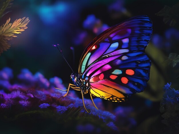 Vibrant colored butterfly flying in nature illuminated by night light