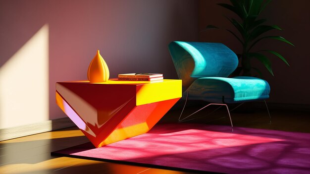 Foto tavolo dai colori vivaci con stile ray tracing in un ambiente iper moderno