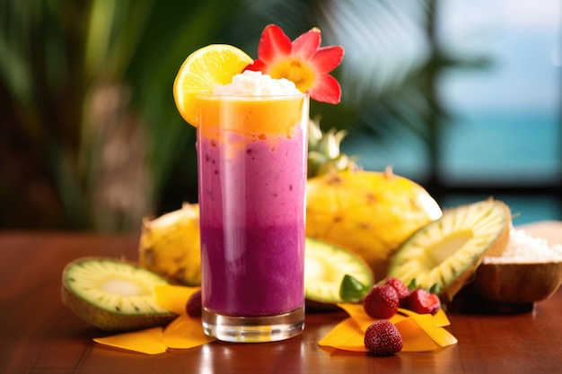 Vibrant colored tropical layered smoothie with fruit by the side