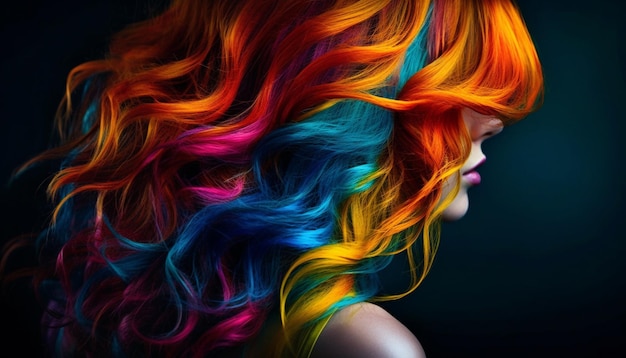 Vibrant colored wig on woman with curly hair in hair salon generated by AI