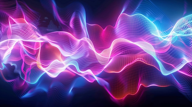 vibrant colorful abstract waves of light in a dark background creating a dynamic and fluid pattern with pink blue and purple hues the motion and light shapes evoke a sense of energy and motion