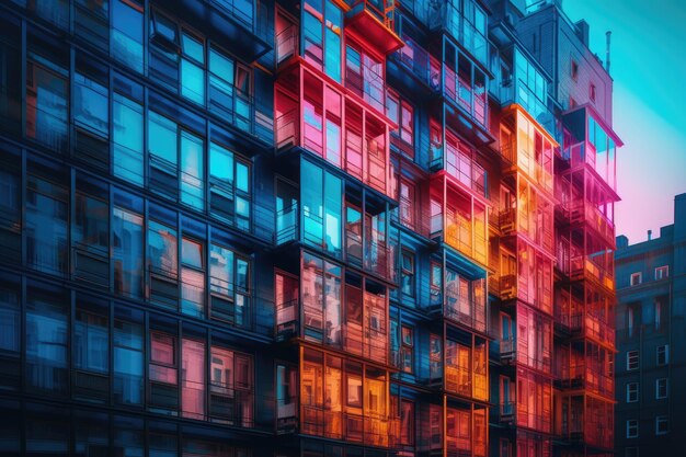 Vibrant and colorful building with balconies and windows Generative AI