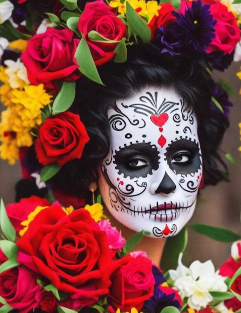 A vibrant and colorful Day of the Dead celebration with marigolds sugar skulls and vibrant