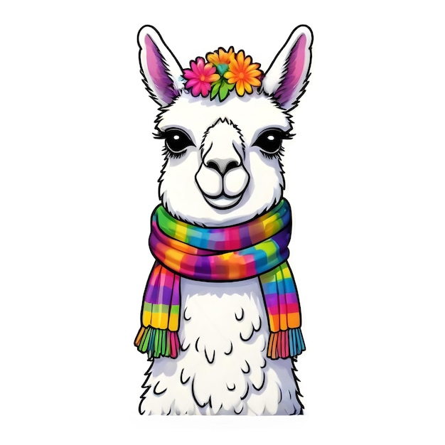 Un disegno vivace e colorato di un lama che indossa fiori e una sciarpa perfetta per adesivi e altri articoli da stampare