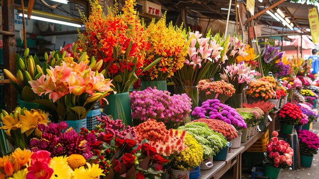 A vibrant and colorful display of flowers at a market