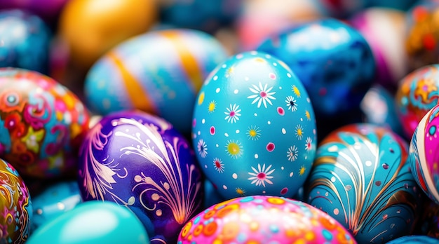 Vibrant and colorful easter eggs background top view