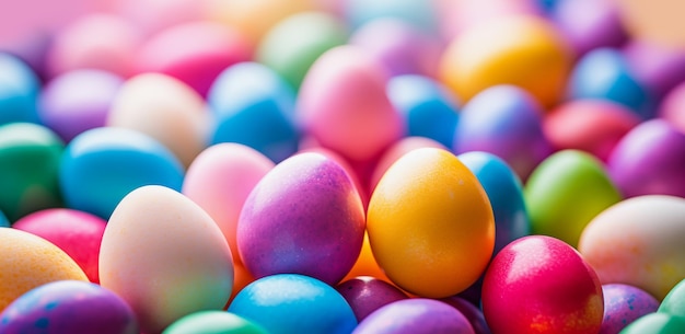 Vibrant and colorful easter eggs background top view