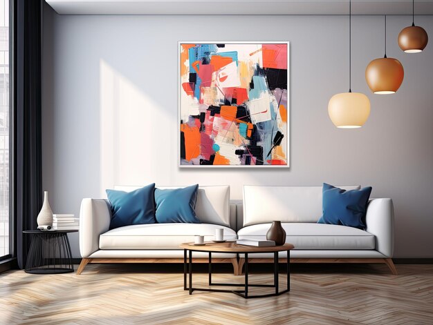 Photo vibrant colorful elegant modern living room with wooden table and abstract picture on the wall