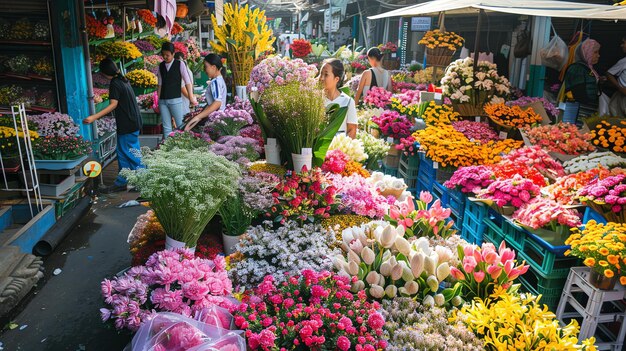 A vibrant and colorful flower market with a variety of flowers plants and people