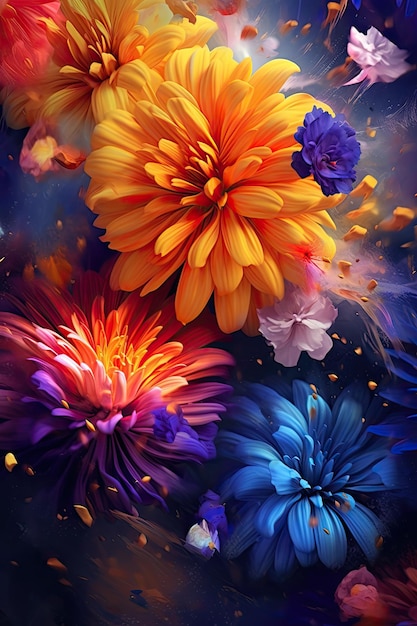 Vibrant Colorful Flowers in Lively Portrait Style Oil Painting Water Color