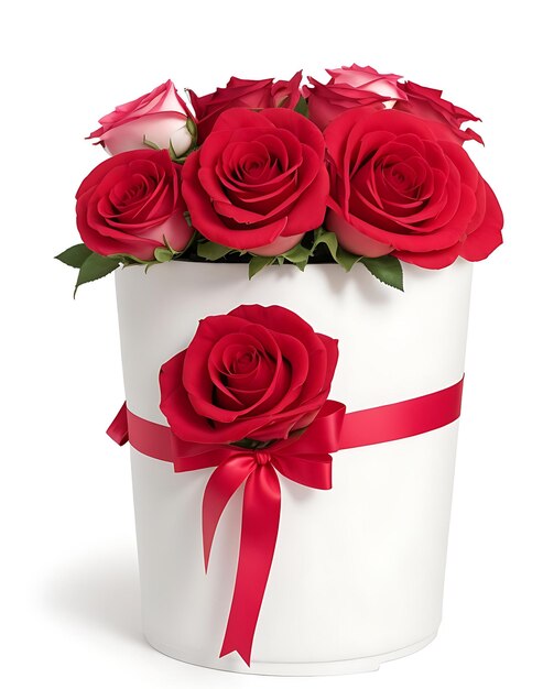 Vibrant Colorful Fresh Rose Flower Bucket with Red Ribbon on White Background