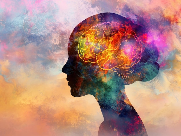 a vibrant a colorful glowing silhouette of the human head with an outline of brain illustration on t