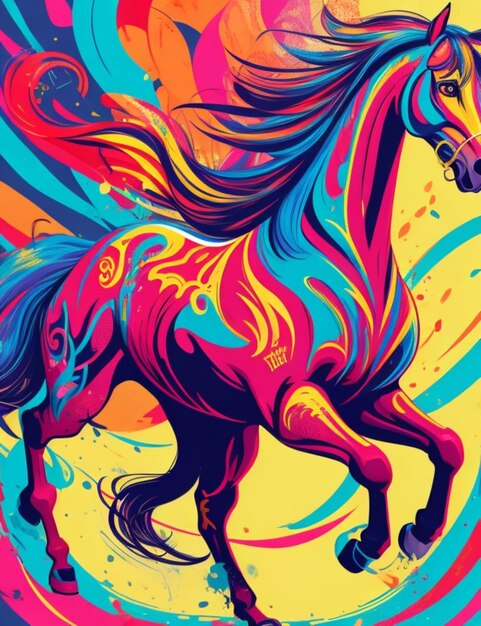 Яркая красочная граффити-иллюстрация лошади на полном галопе, выполненная в стиле векторного искусства.