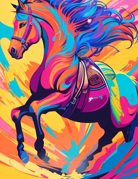 A vibrant colorful graffiti illustration of a horse in full gallop rendered in a vector art style