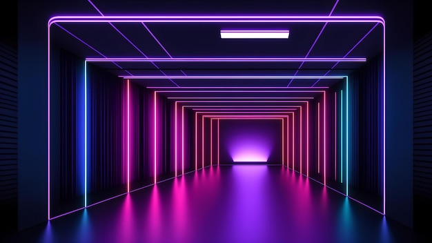 A vibrant and colorful hallway illuminated by neon lights