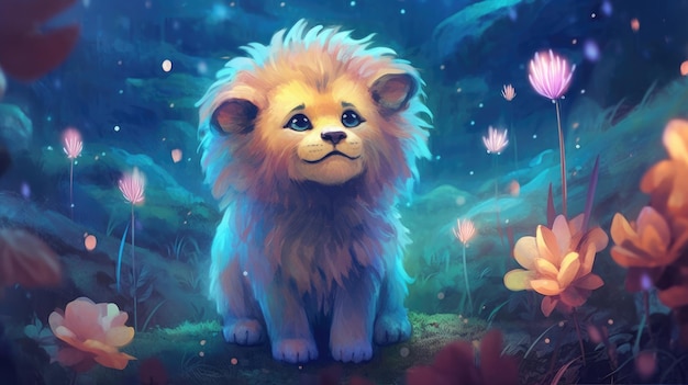 Vibrant and colorful illustration of a lion in its natural surroundings