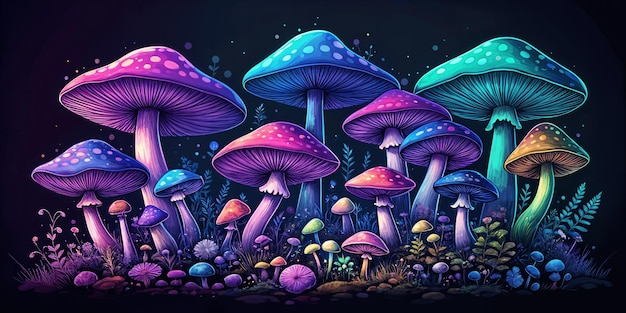 A vibrant and colorful illustration of mushrooms with each mushroom exhibiting a unique color and design