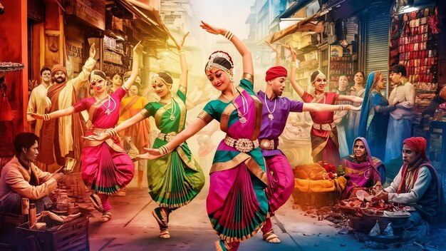 A vibrant and colorful image capturing the essence of Indian culture featuring a bustling city wit