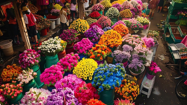 Photo a vibrant and colorful image of a flower market the market is full of different types of flowers including roses tulips lilies and daisies