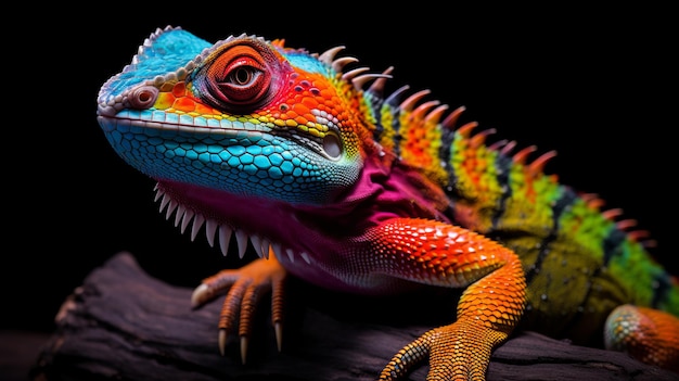 Vibrant Colorful Lizard On Black Background