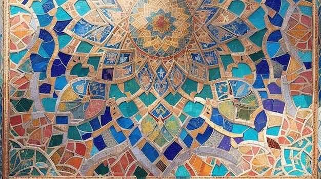 A vibrant colorful mosaic of Islamicstyle patterns and symbols