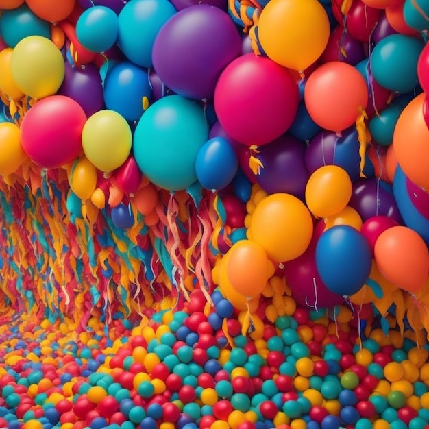 A vibrant colorful mural of balloons and streamers cascading down a birthday wall