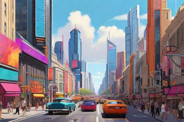 A vibrant and colorful panorama of a bustling cityscape with towering skyscrapers