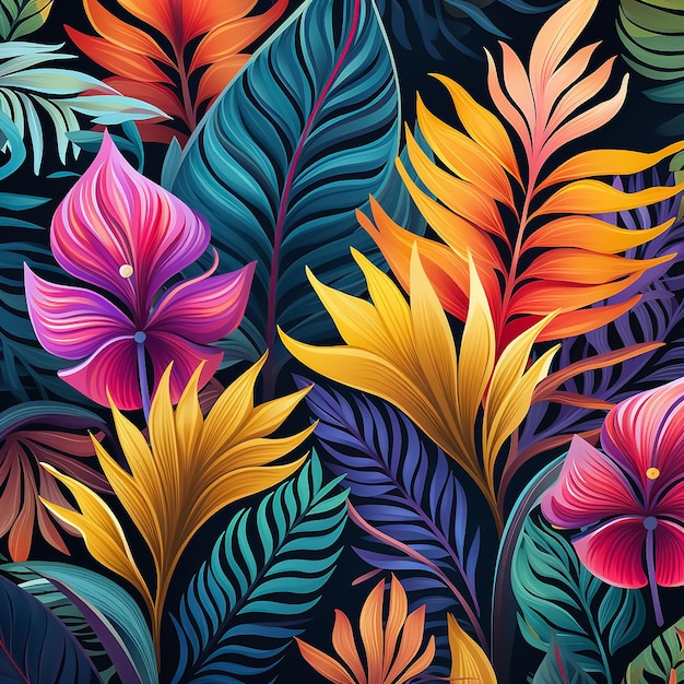 A vibrant and colorful pattern featuring bold exaggerated shapes of tropical leaves