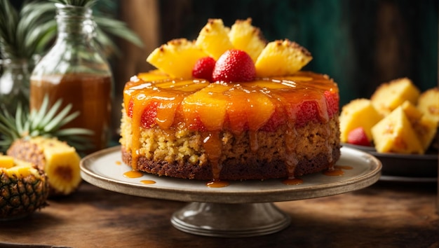 Foto una torta di ananas a testa in giù vivace e colorata con fette di ananas succose