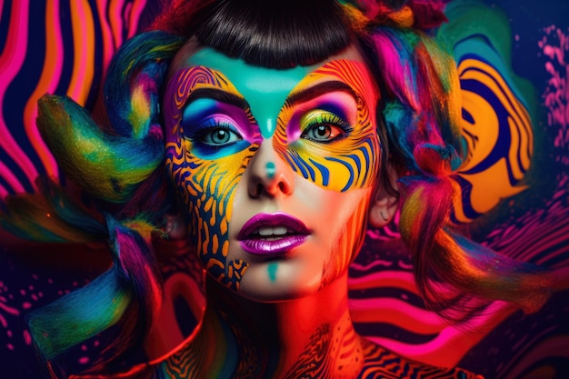 Vibrant and colorful portrait of a woman with bold makeup and a playful expression surrounded by