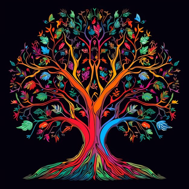 Vibrant Colorful Rainbow Mystical Tree of Life Painting With Popping Bright Hues on a High Contrast